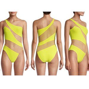 $265 NORMA KAMALI Snake Mesh One-Shoulder Swimsuit Bodysuit Nude Yellow SMALL